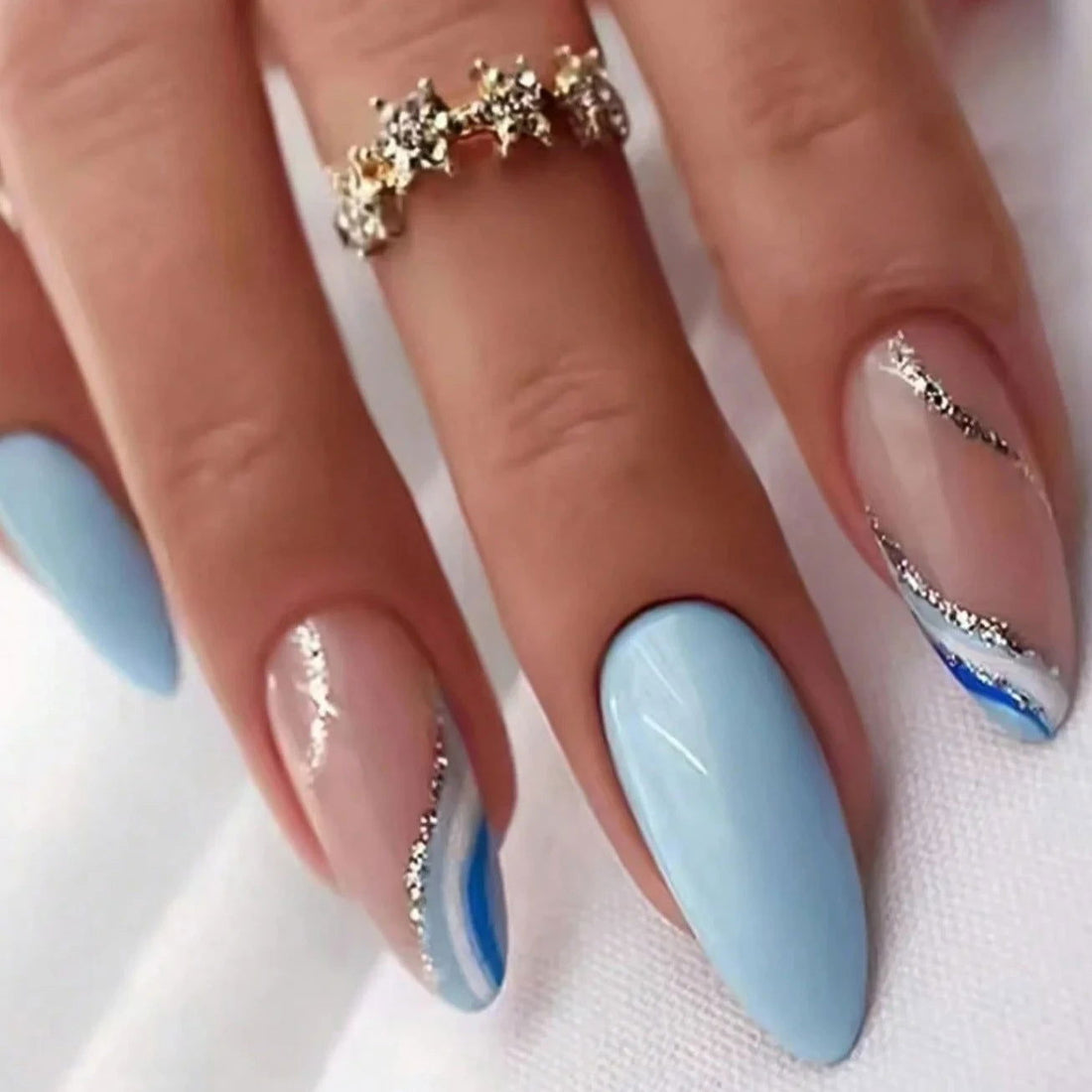 Almond Baby Blue Metallic Swirl Nails - Press on Nails