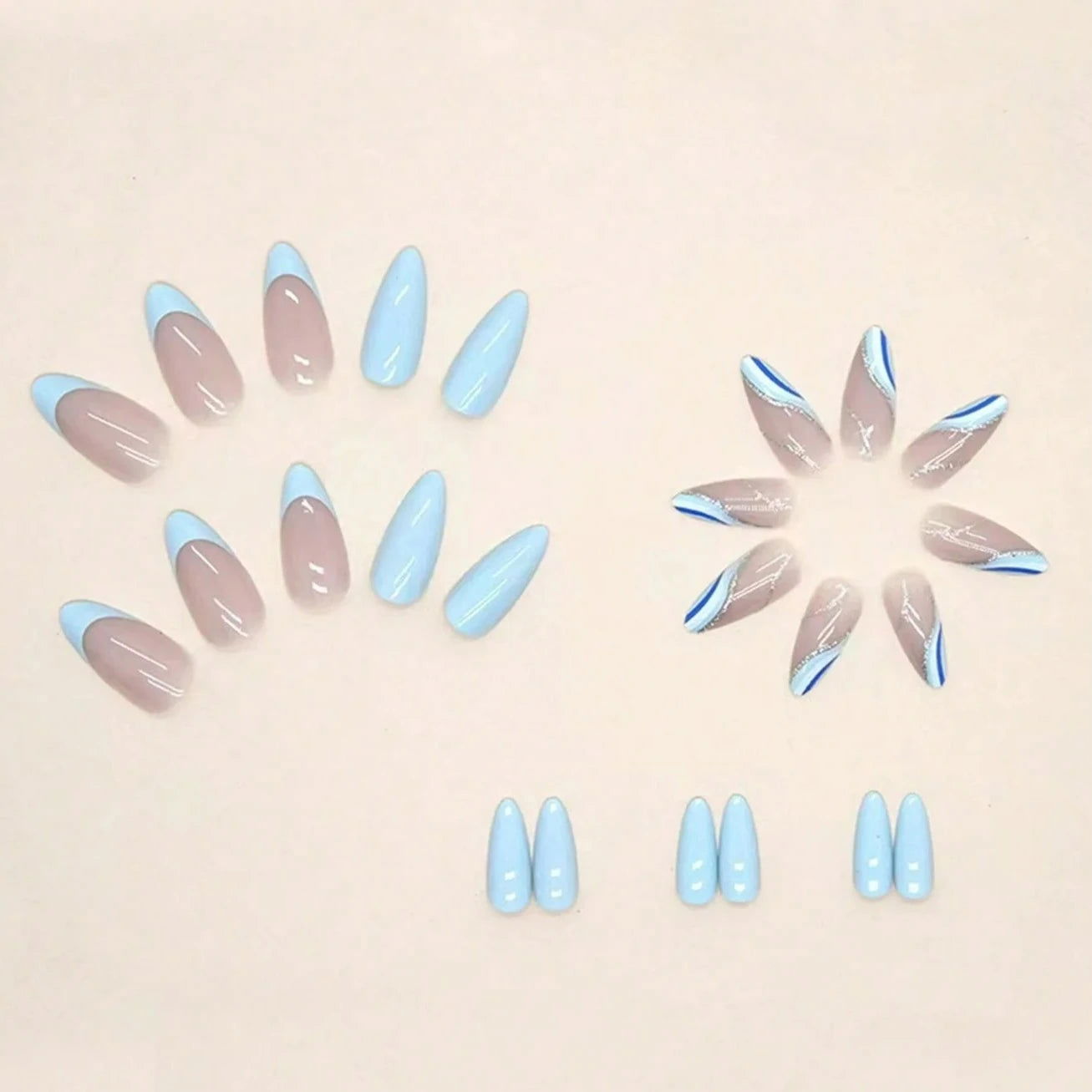 Almond Baby Blue Metallic Swirl Nails - 