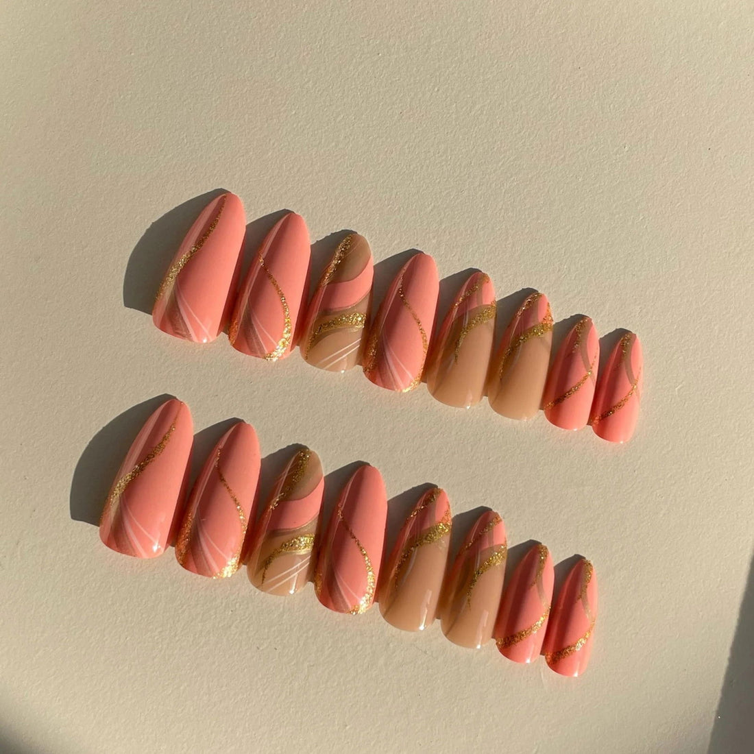 Almond Pink & Gold Glitter Nails - Press on Nails