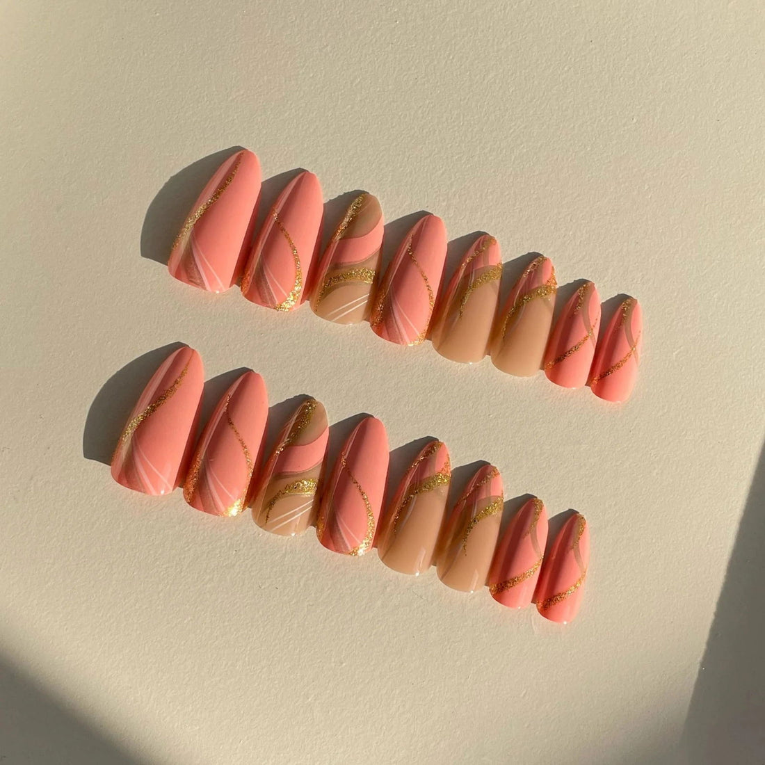 Almond Pink & Gold Glitter Nails - Press on Nails