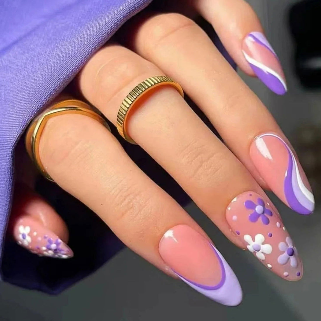 Almond Purple Floral Nails - Press on Nails