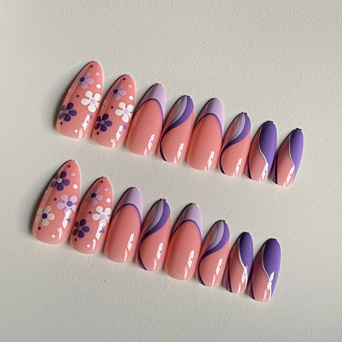Almond Purple Floral Nails - Press on Nails