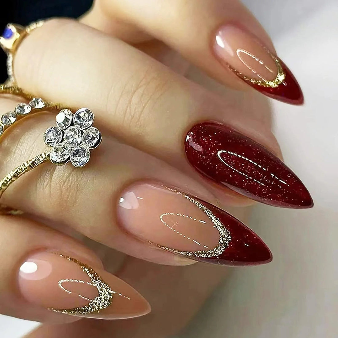 Almond Red & Gold French Nails - Press on Nails