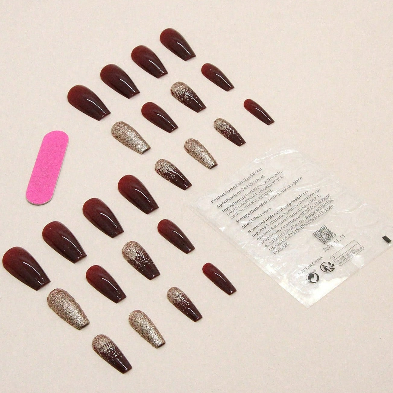 Coffin Red & Gold Nails - 