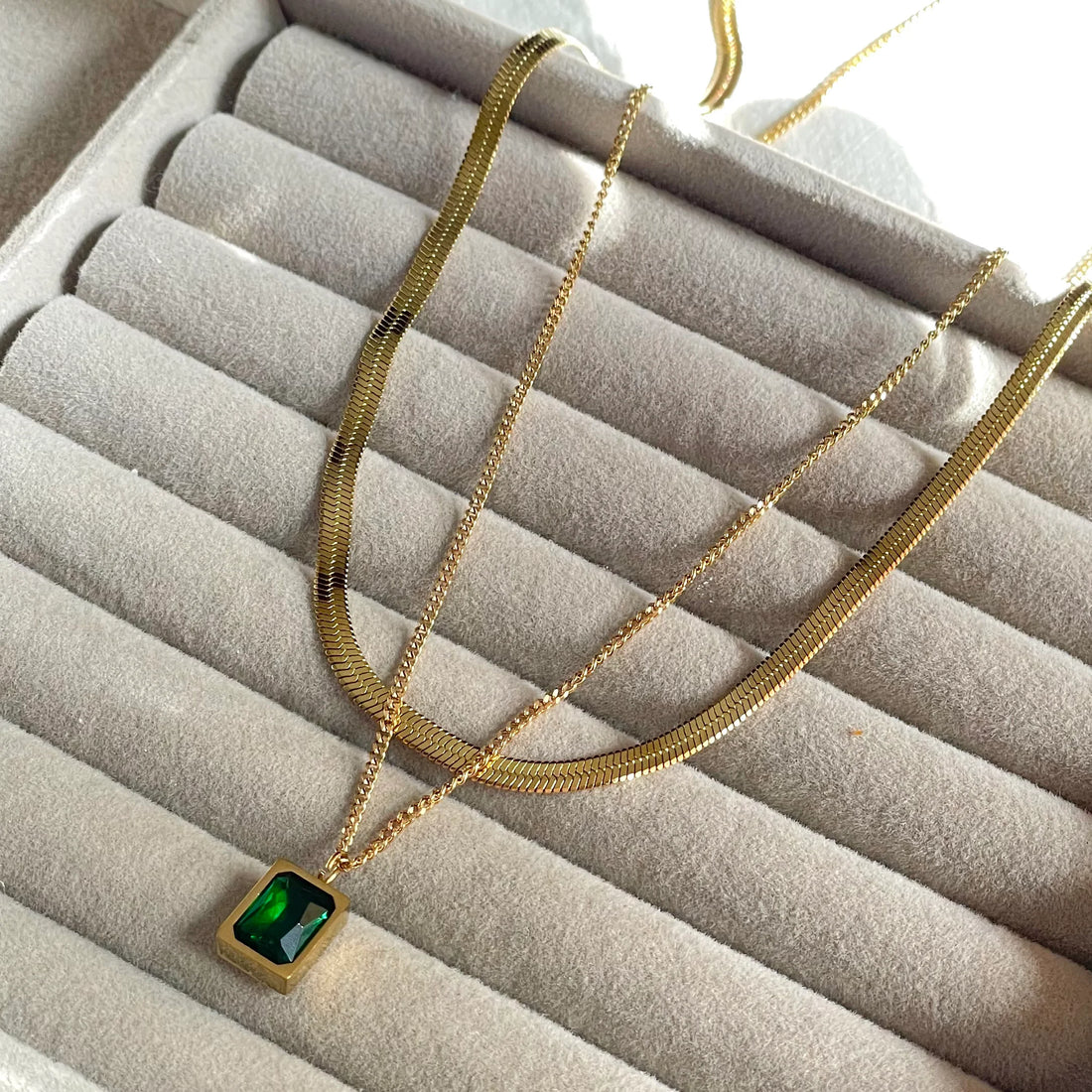 Stainless Steel Emerald Layered Necklace - Necklaces