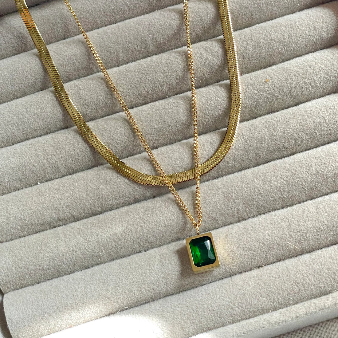 Stainless Steel Emerald Layered Necklace - Necklaces