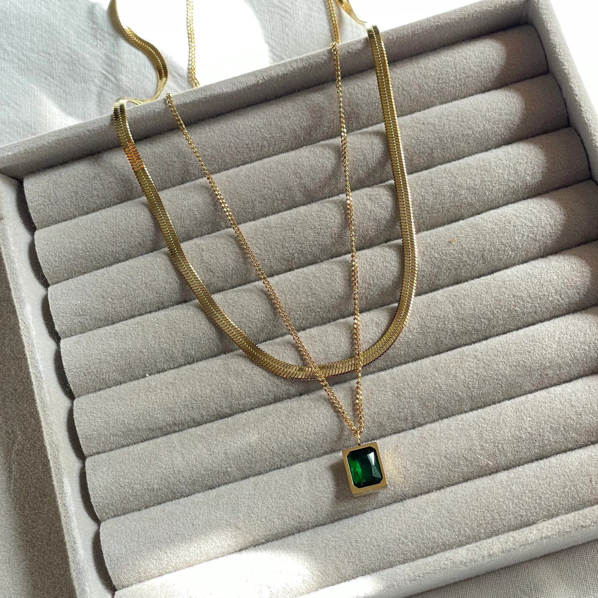 Stainless Steel Emerald Layered Necklace - 