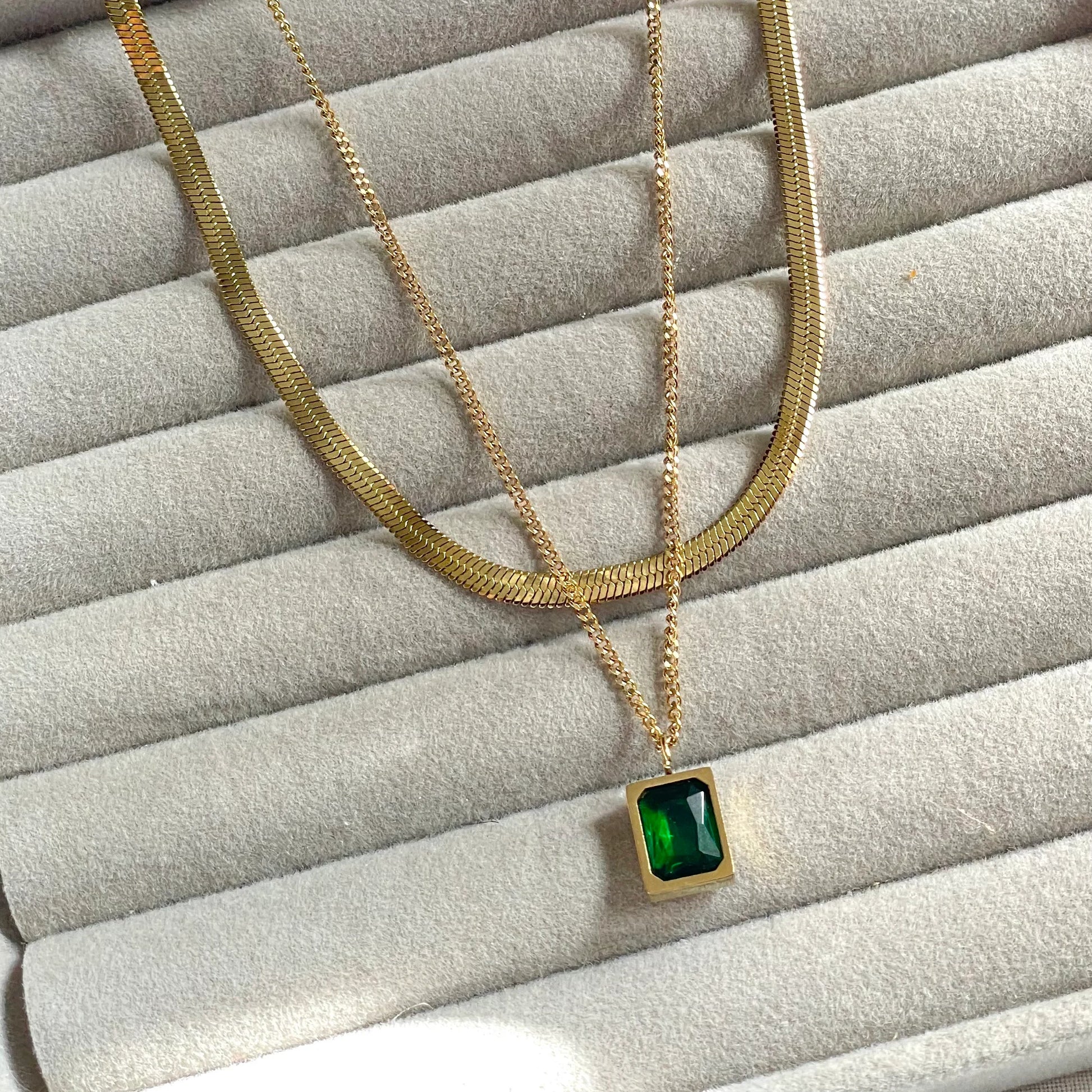 Stainless Steel Emerald Layered Necklace - 