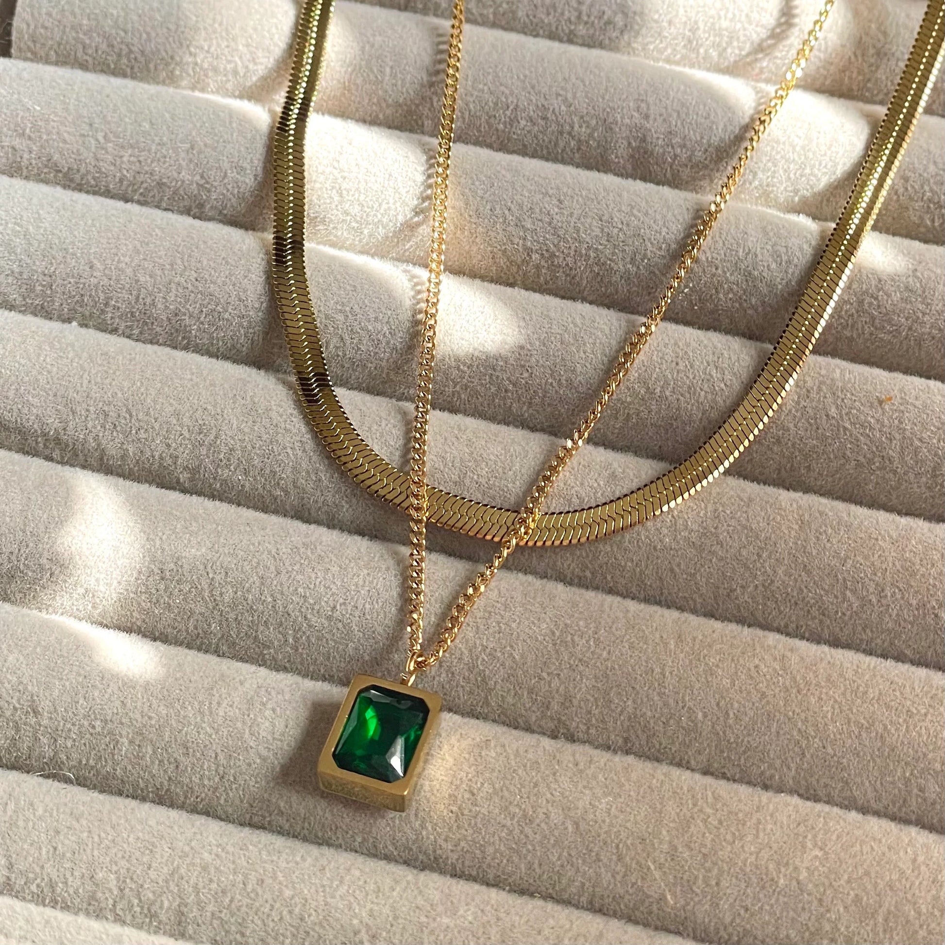 Stainless Steel Emerald Layered Necklace - 