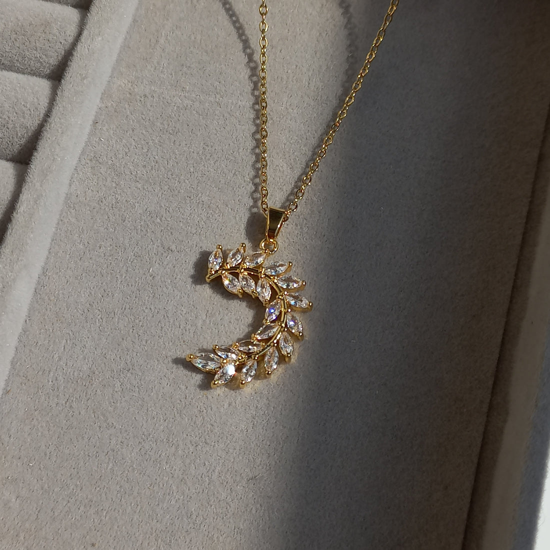 Stainless Steel Leafy Crescent Pendant - Necklaces