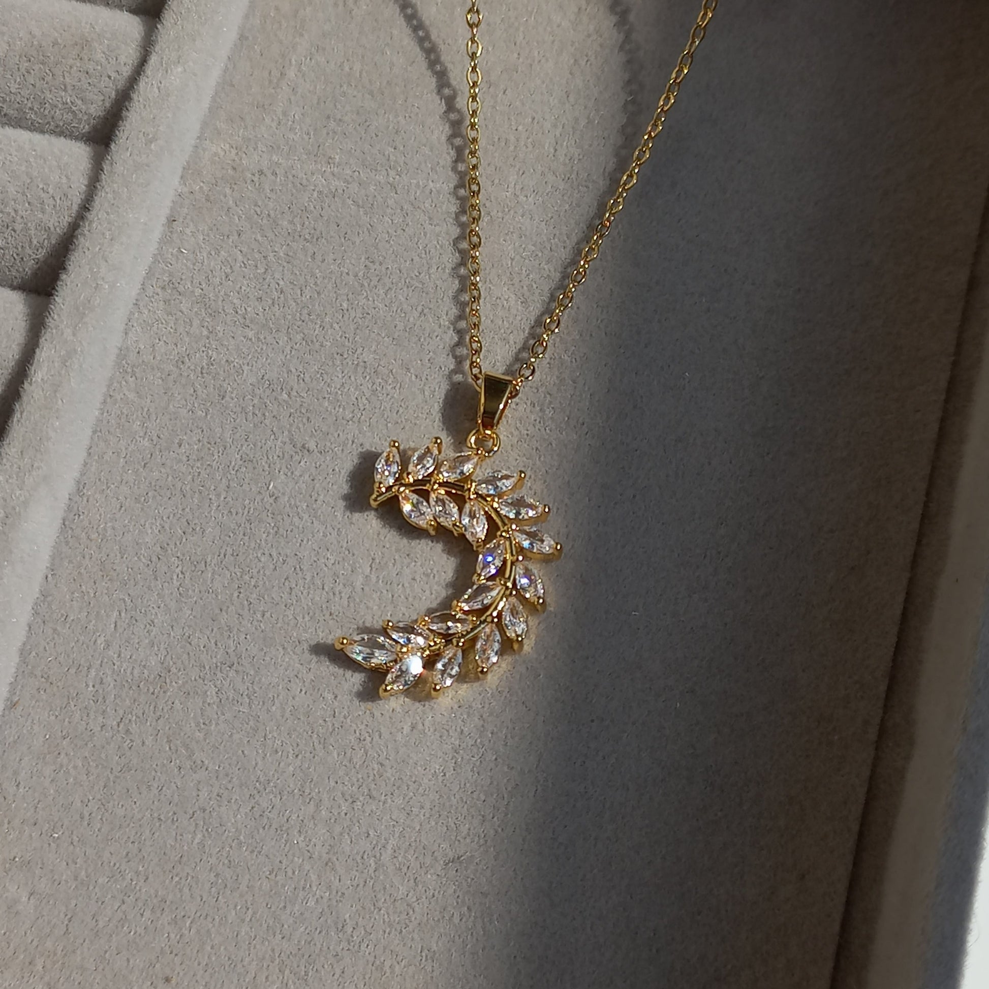 Stainless Steel Leafy Crescent Pendant - Necklaces