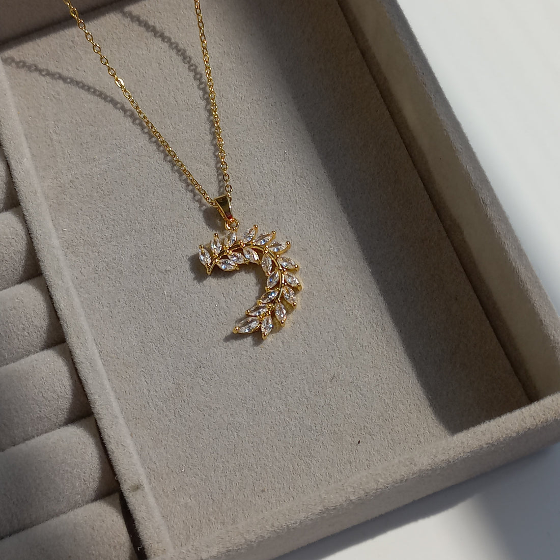 Stainless Steel Leafy Crescent Pendant - Necklaces