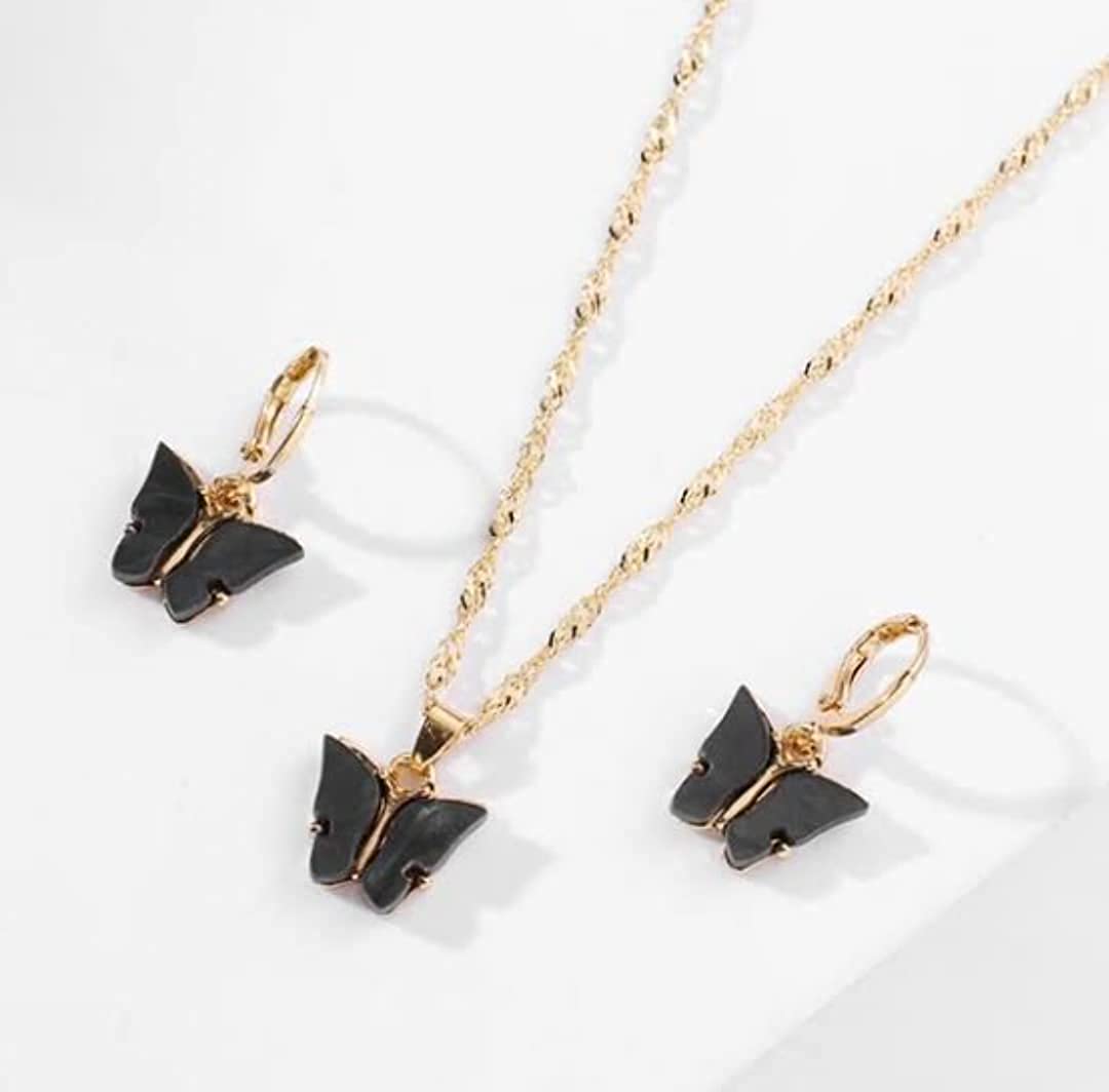 Black Flutter Set - Pendant & Earrings - Charms & Pendants