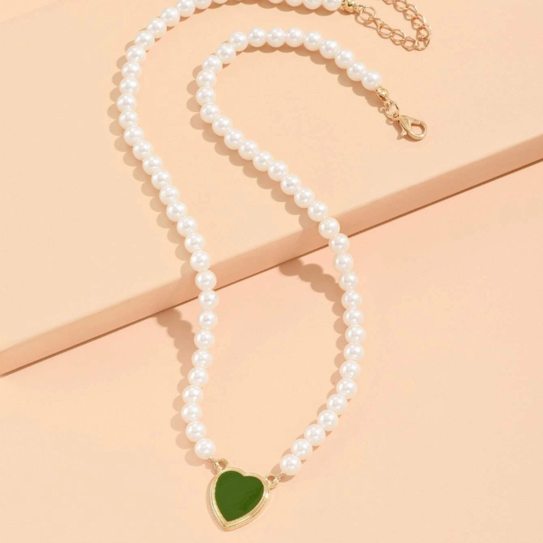 Green Heart Pearl Necklace - 