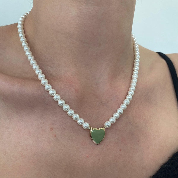 Green Heart Pearl Necklace - Necklaces
