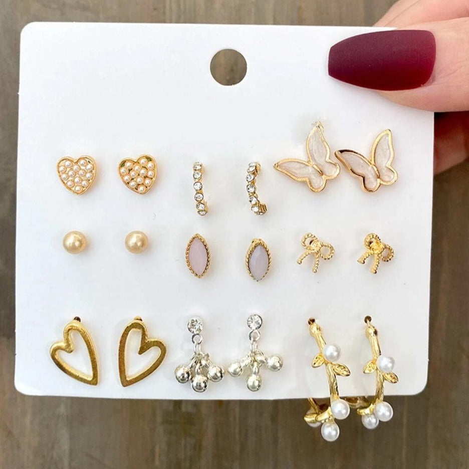 Snow White Studs Set | 9 Pairs - Earrings