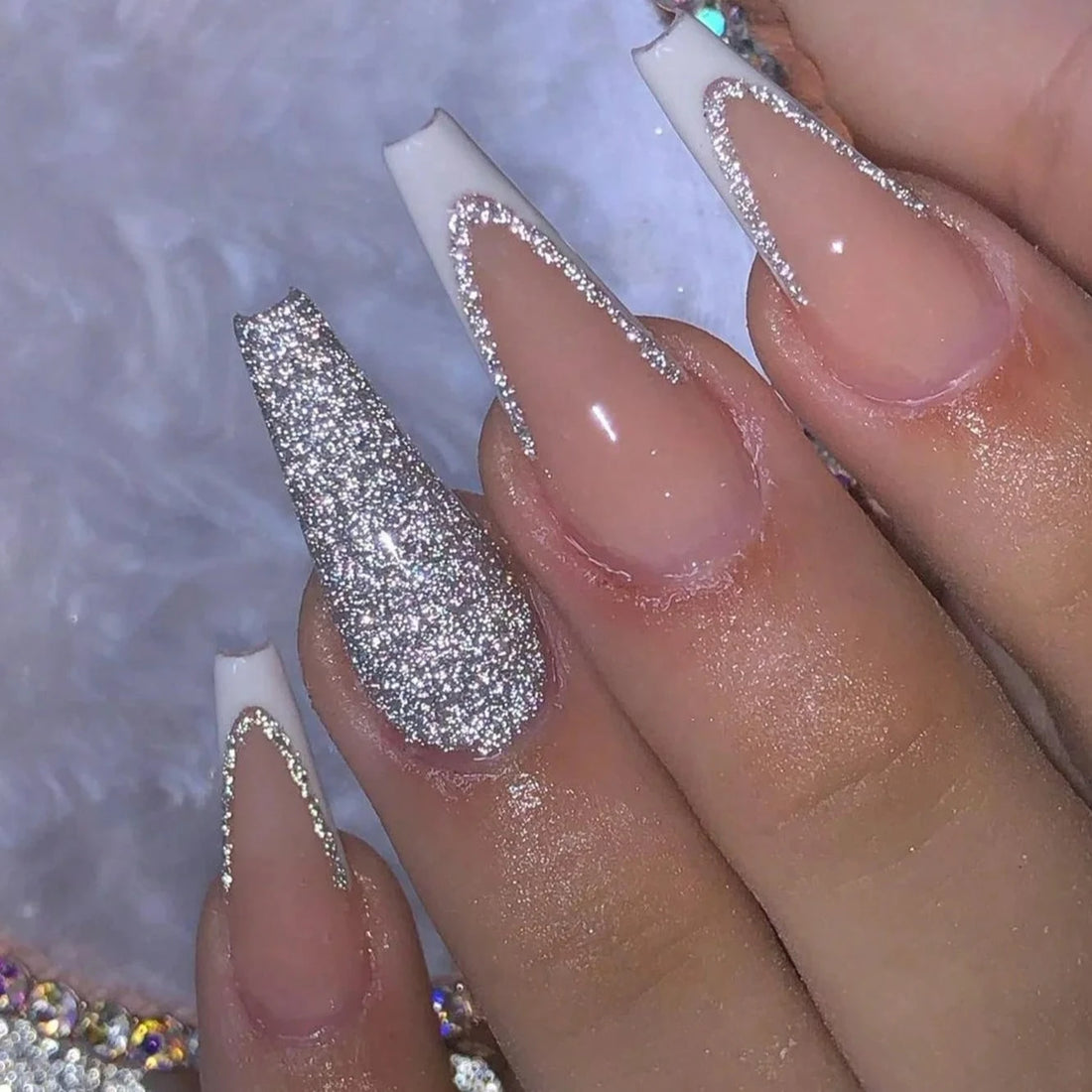 Long Coffin Silver Bling Nails - Press on Nails