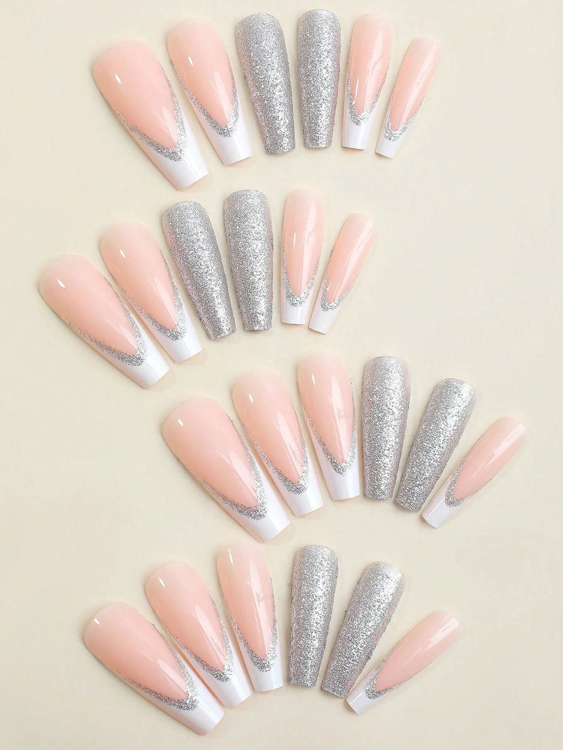 Long Coffin Silver Bling Nails - Press on Nails