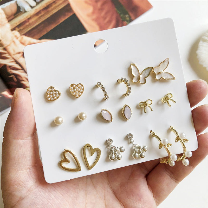 Snow White Studs Set | 9 Pairs - Earrings