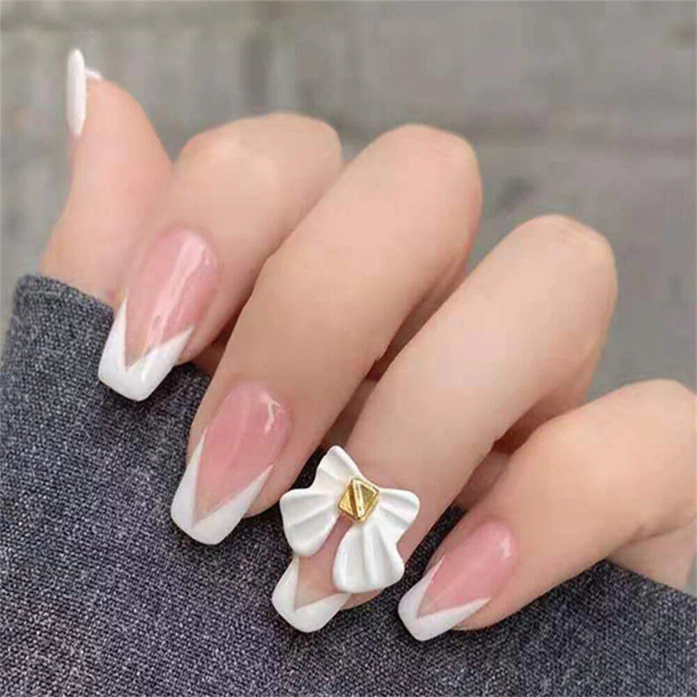 Square French Tip Bow Nails - Press on Nails