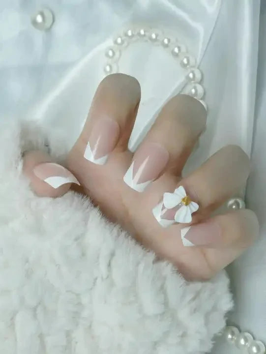 Square French Tip Bow Nails - Press on Nails