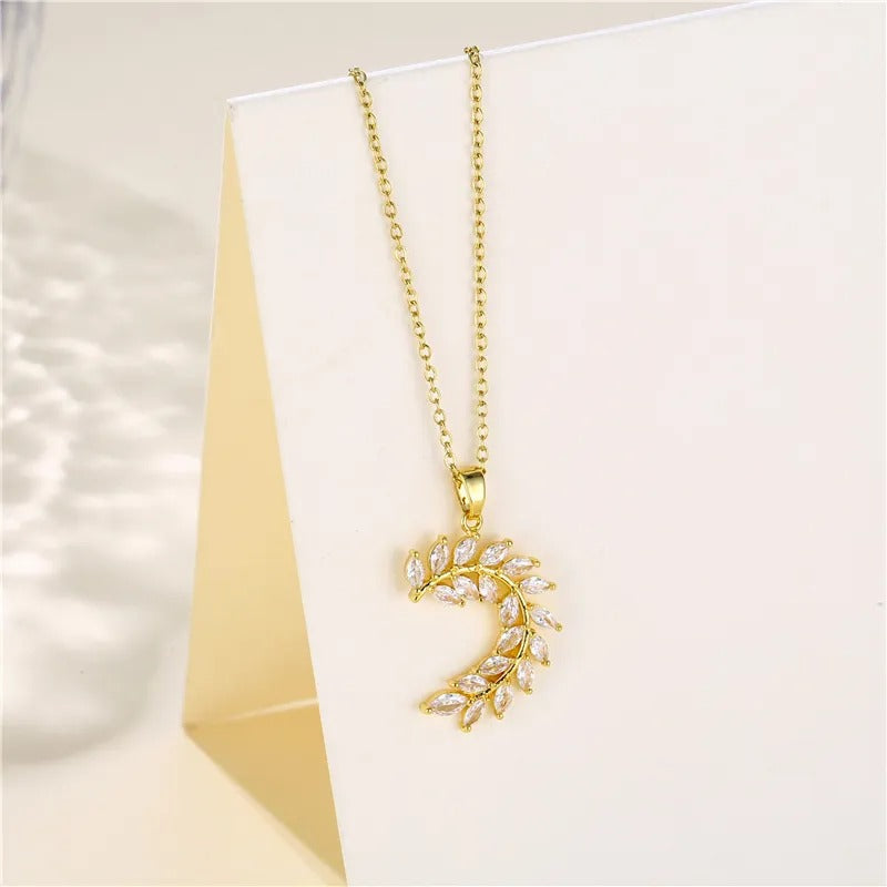 Stainless Steel Leafy Crescent Pendant - 