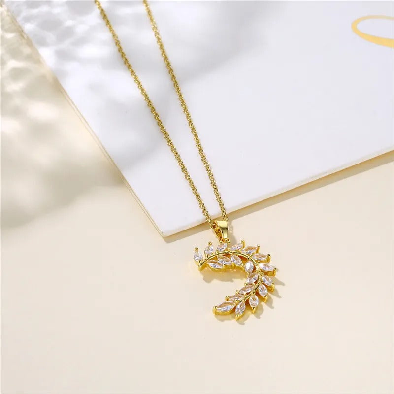 Stainless Steel Leafy Crescent Pendant - 