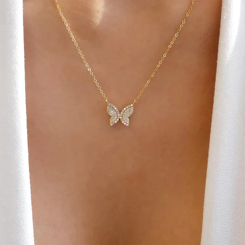 Studded Butterfly Pendant - Necklaces