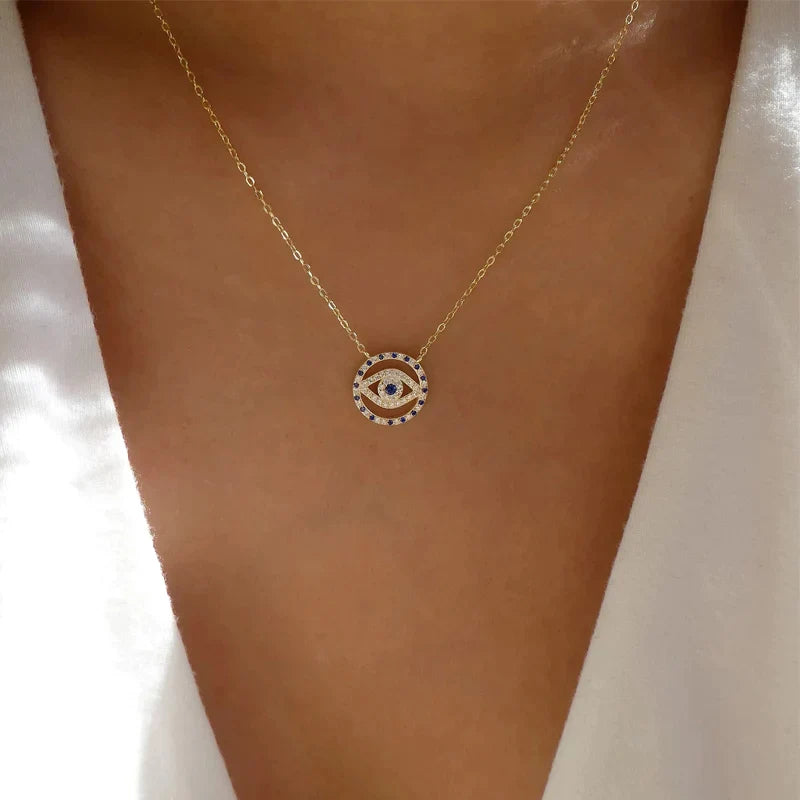 Studded Circular Evil Eye Pendant - Necklaces
